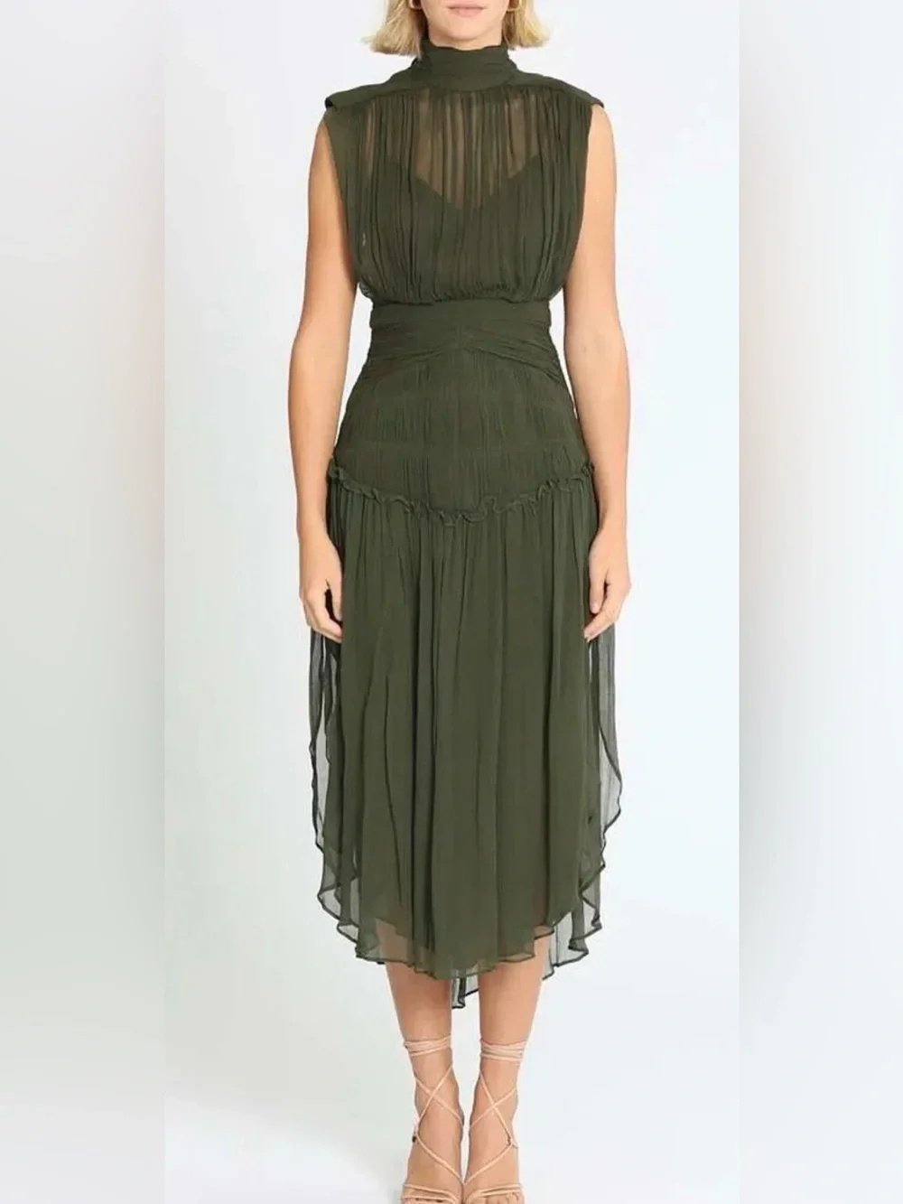Shona Joy Olive Green Sleeveless Pleated Midi Dress